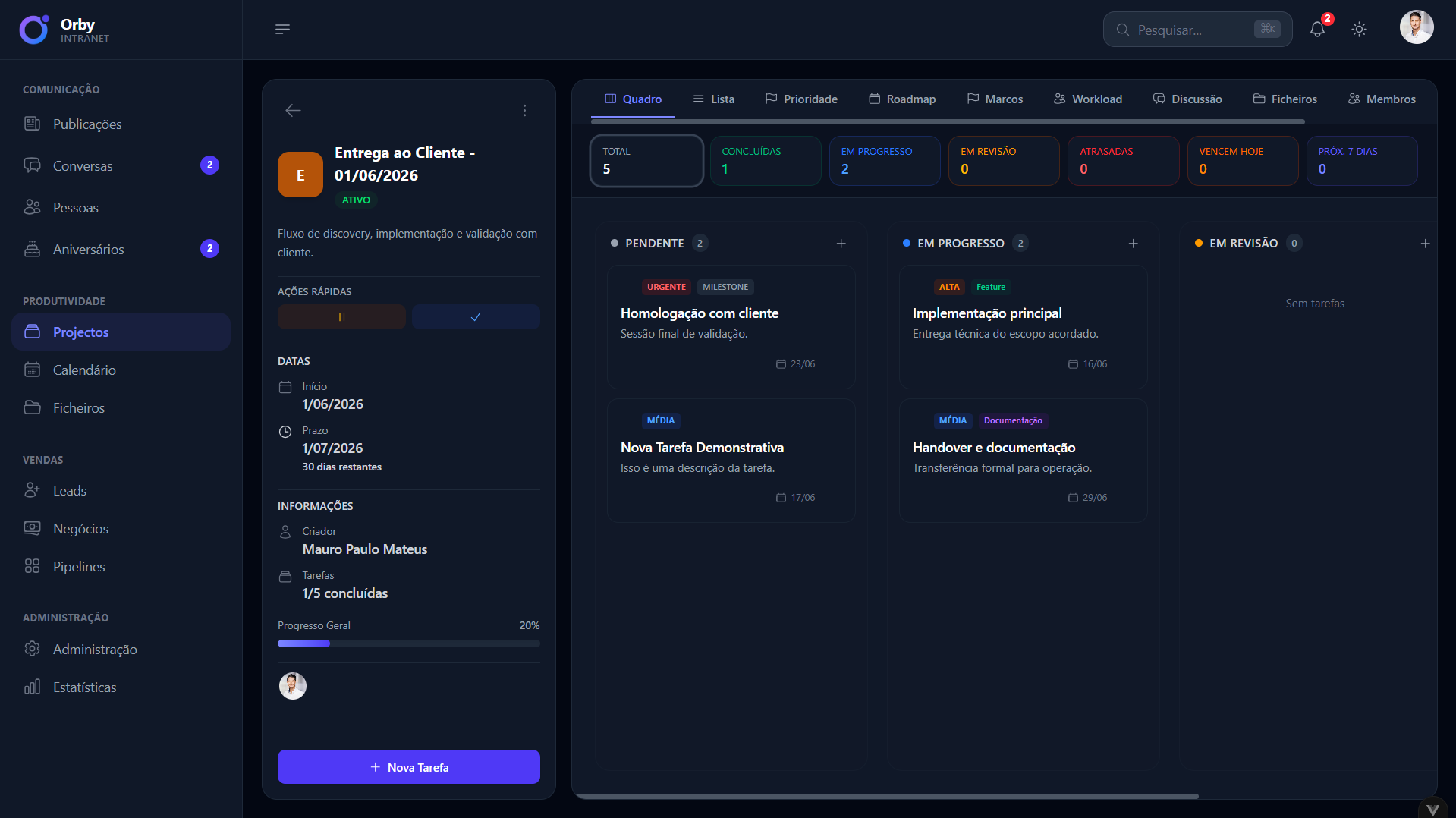 Quadro de projetos Kanban