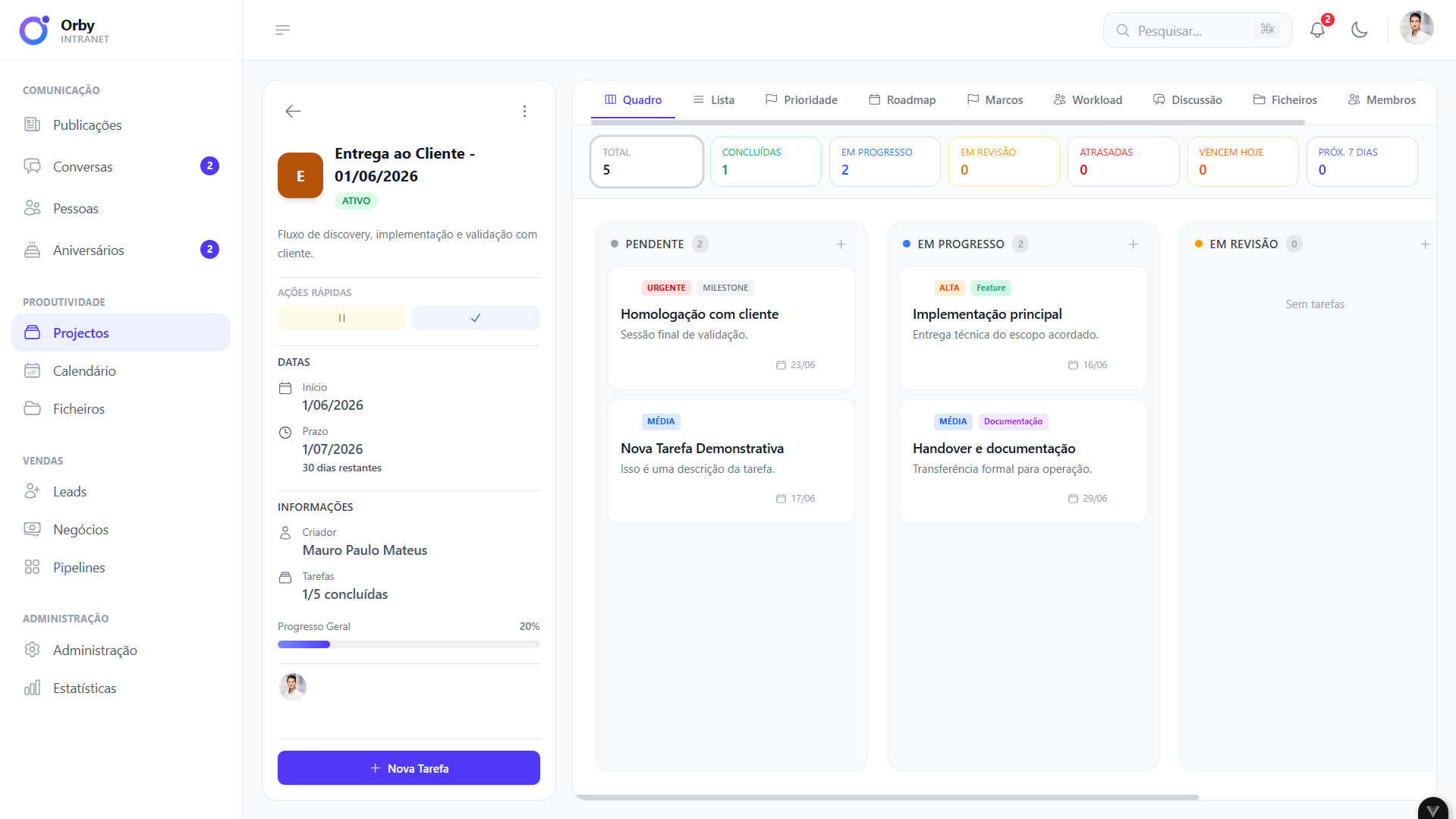 Quadro de projetos Kanban